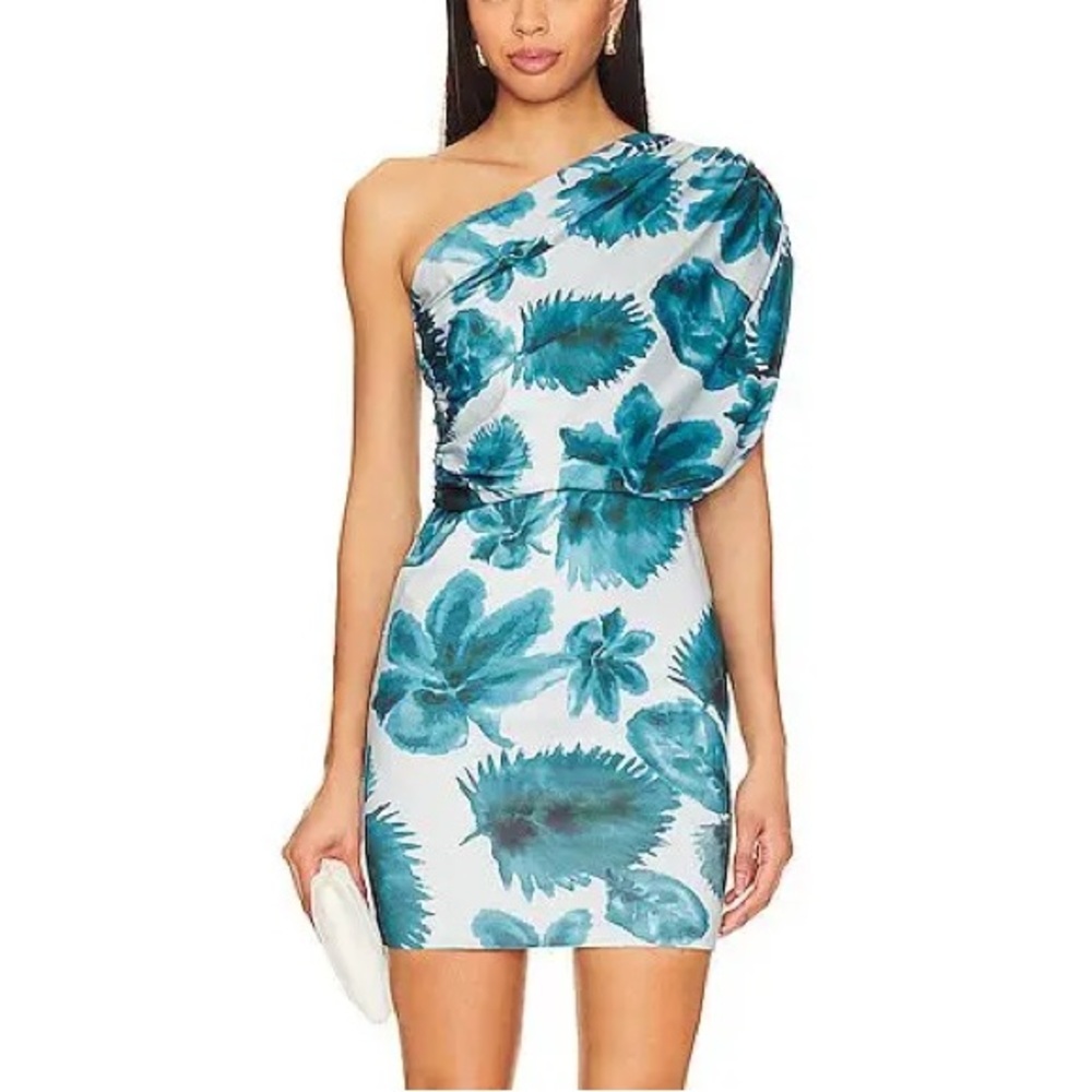 Amanda Uprichard Teal Floral One-Shoulder Dress